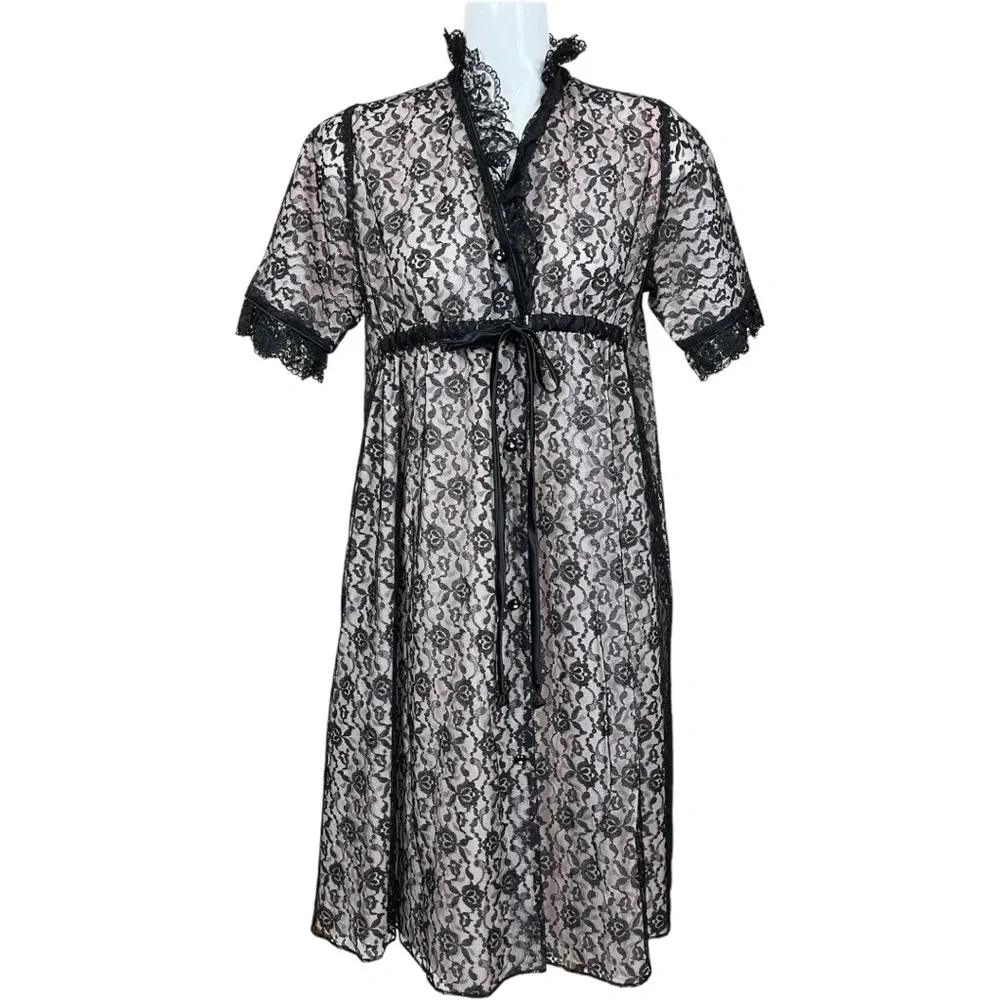 Union Made Fashions by Marilyn Pink with Black Lace Overlay Belted Robe Small